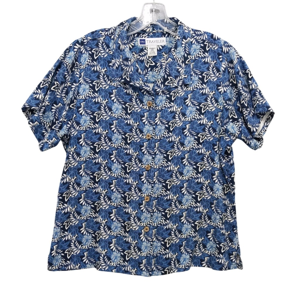 LL Bean Traveler Silk Floral Button Down Short Sleeve Shirt Blue M